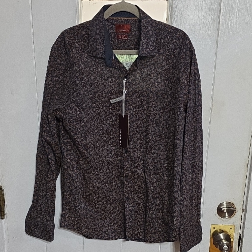 NWT Consequence Men's Shirt Slim-Fit Longsleeve Button Up Navy/Gold Paisley Sz L